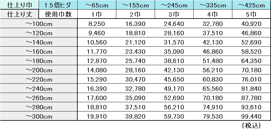 ニース1.5倍ヒダ価格表