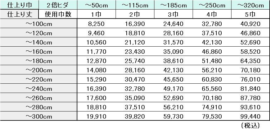 ニース2倍ヒダ価格表